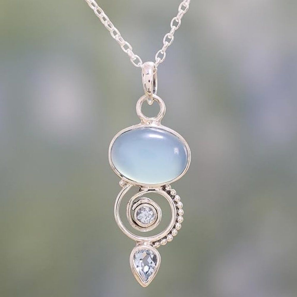 Novica Nwt Artisan Blue Topaz Chalcedony Pendant Necklace Sterling Silver